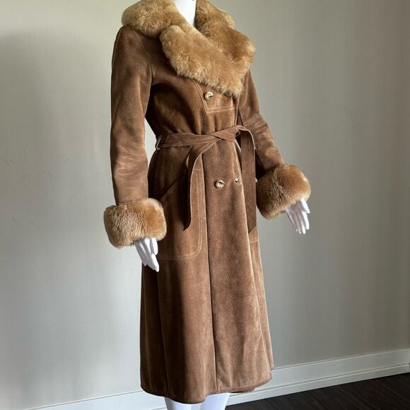 VTG 70’s Penny Lane Almost Famous Suede Shearling Wrap Trench Coat - Picture 1 of 10